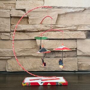 Vintage Japanese Paper Umbrella Mobile Sculpture MCM Folk Art Tabletop Decor